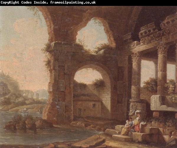 unknow artist An architectural capriccio with washerwomen by a river